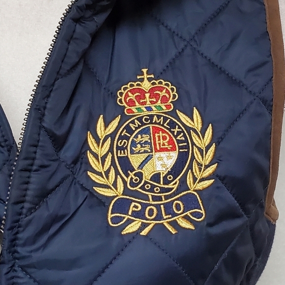 VINTAGE Polo Ralph Lauren Navy Blue Quilted Faux Suede Logo Crest Puffer Vest XS - Picture 7 of 16